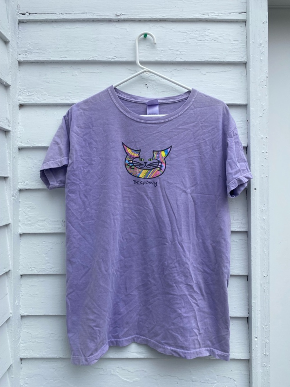 Be Groovy Lavender Short Sleeve Tee Cat TieDye Funky Graphic